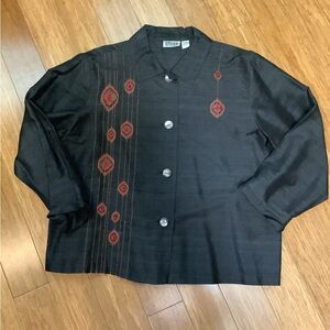 Chico's Black Silk Light Weight Jacket/Shirt with Red Embroidered Design